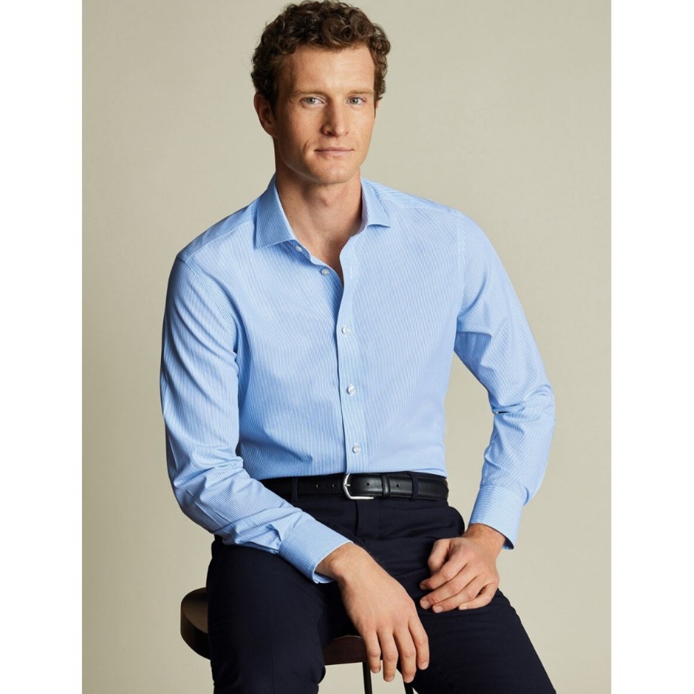 Charles Tyrwhitt Non-Iron Bengal Stripe Poplin Shirt Blue Extra Slim 16.5/34